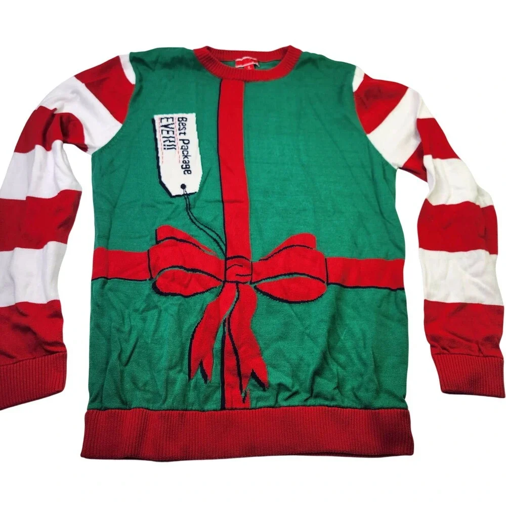 Unbranded Ugly Christmas Sweater Mens Medium Green Red Striped Gift Bow Funny